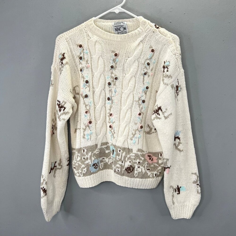 Vintage Ninon De Lenclos Sweater S Cream Pink Blue Cottagecore Floral Pastel